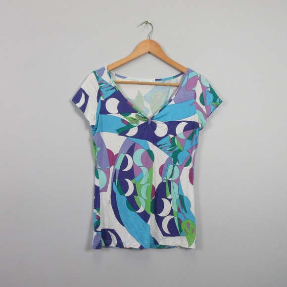 Emilio Pucci Firenze Top Shirt Women M * Blue Abstract V Neck Y2K Designer 142 - Picture 1 of 10